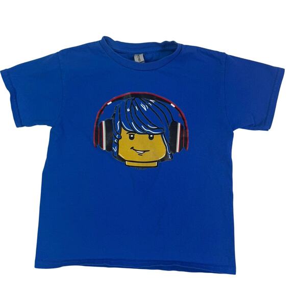 Boy’s Small Lego T-Shirt Blue Lego Head with Headphones - Picture 1 of 4